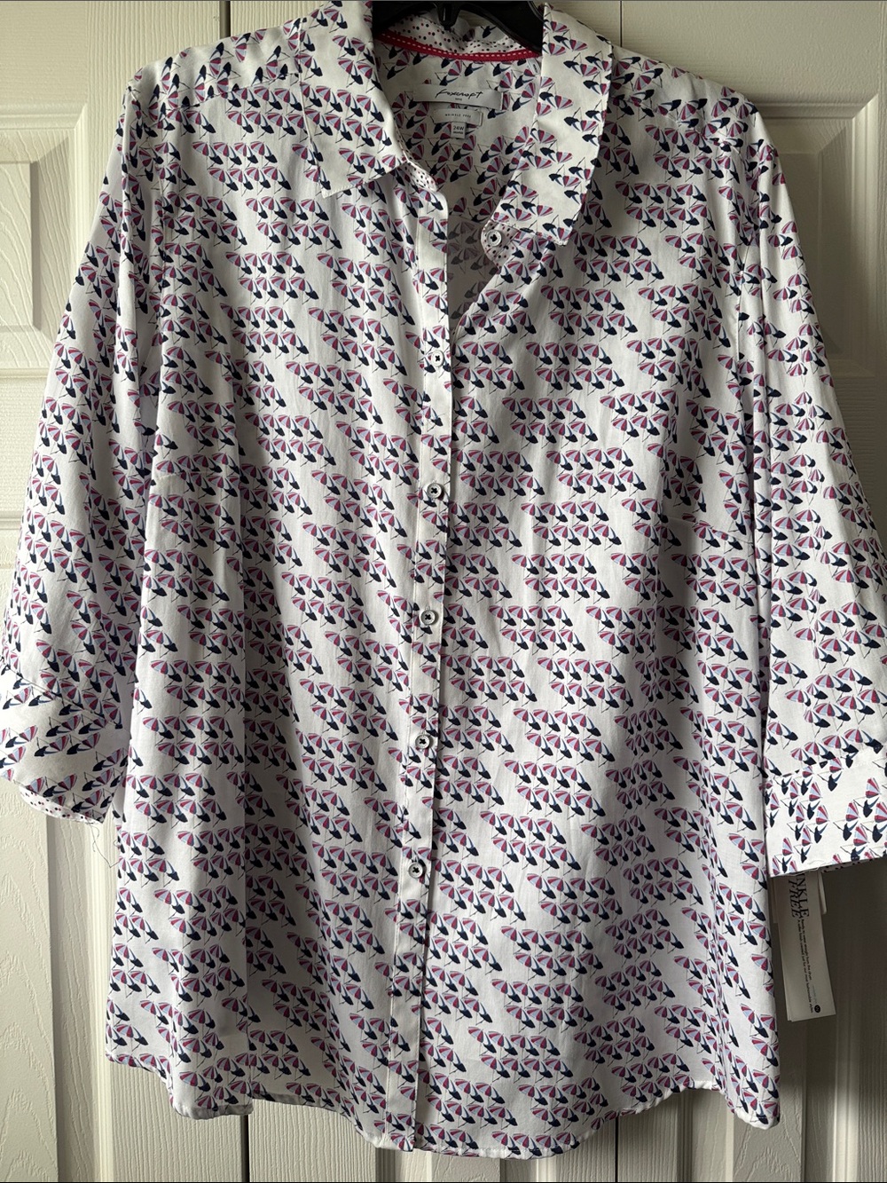 Foxcroft Button-Down Shirt with Red, White, and Blue Umbrella Print.
